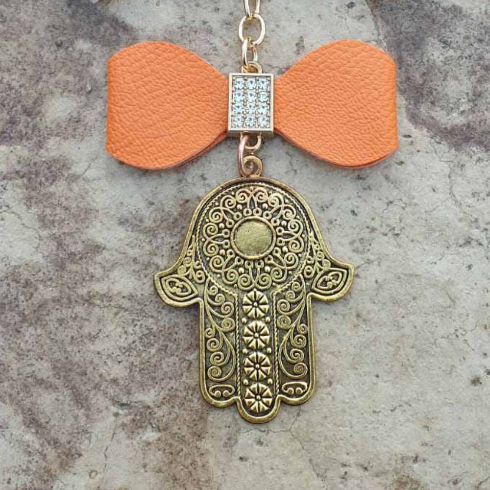 Hamsa Gold Floral Key Chain Key Ring With Orange Bow Women bag Charm Accessory